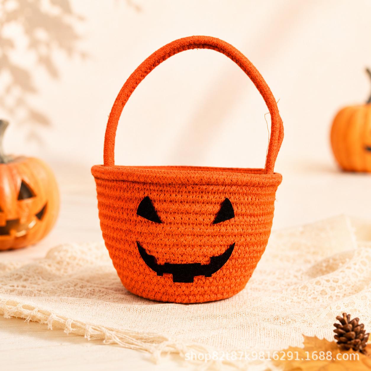 Halloweenowa torba na słodycze dla dzieci, Pleciony koszyk na słodycze z dyni, Uchwyt z bawełnianego sznurka, Satynowa kokardka, Urocze buźki, Lekki koszyk do przechowywania C
