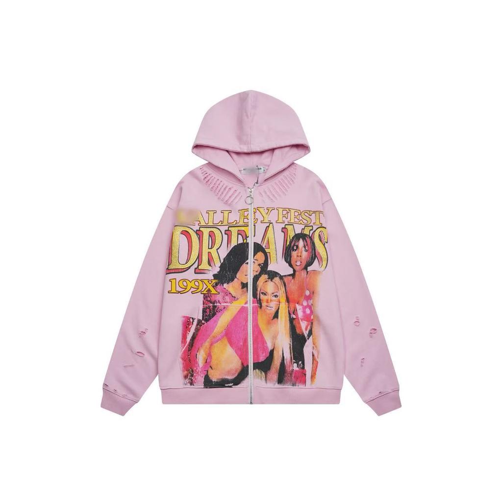 25SS high quality VAL beauty high street retro washing water old white ink direct injection hoodie men and women the same sweater