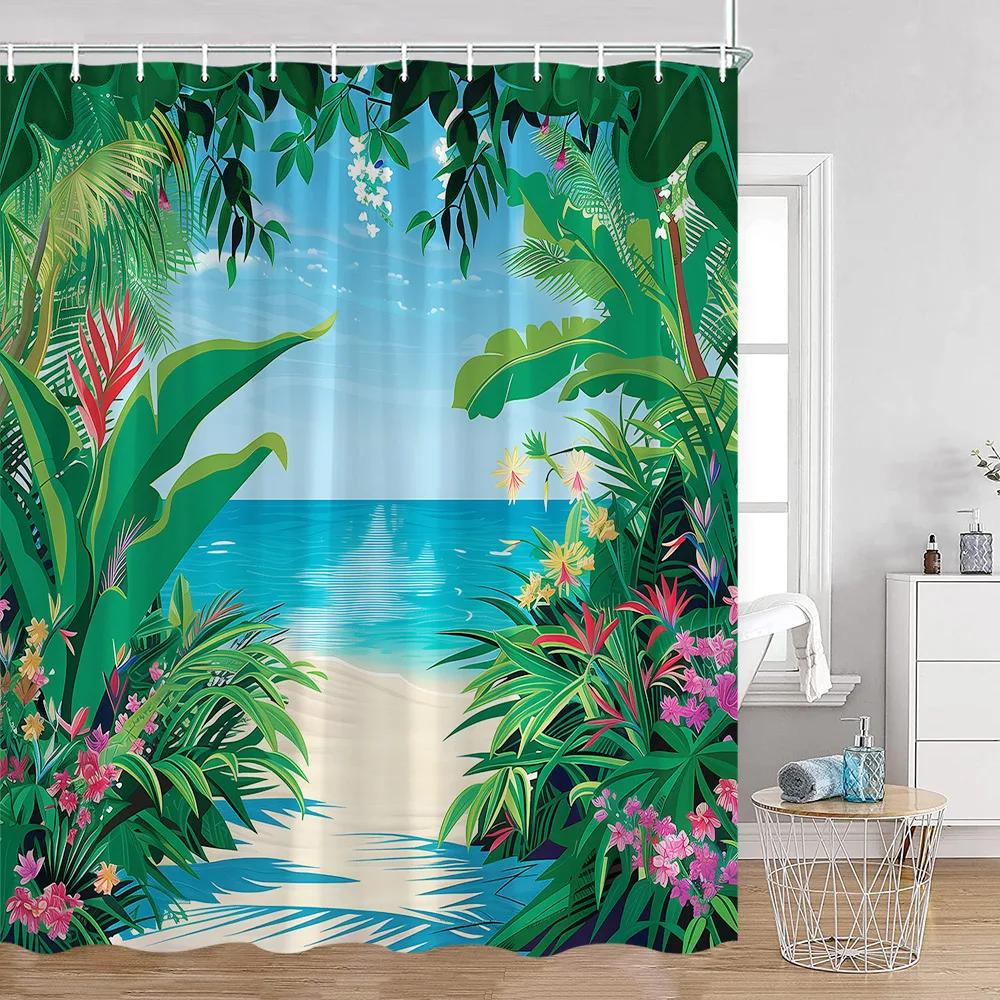 Seaside Landscape Shower Curtains Coconut Trees Tropical Leaves Sea Scenery Bathroom Decor Summer Hawaii Polyester Bath Curtain