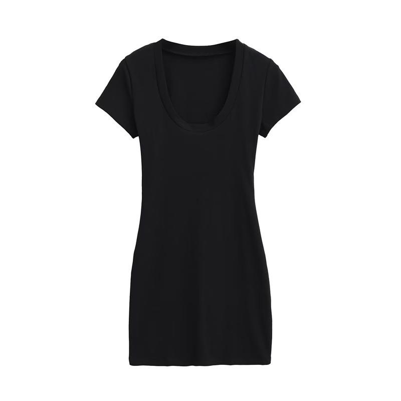 Women s Retro Slim-Fit Short Dress - U-neck, Waist-Cinching, Short-Sleeved, Pure Desire, Sexy Hip-Hugging Style Medium чёрный