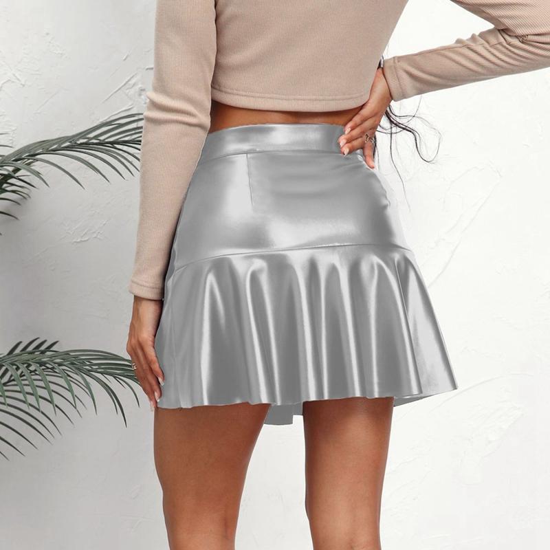 Women High Waist Ruffled PU Leather Skirt