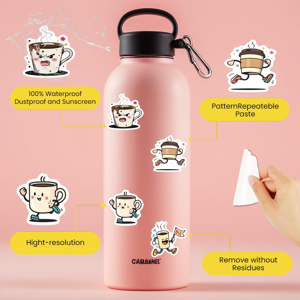 35-100pcs Cartoon Coffee Cup Stickers Waterproof Graffiti Diy For Scrapbook Laptop Water Bottles Coffee Shop Label Stickers