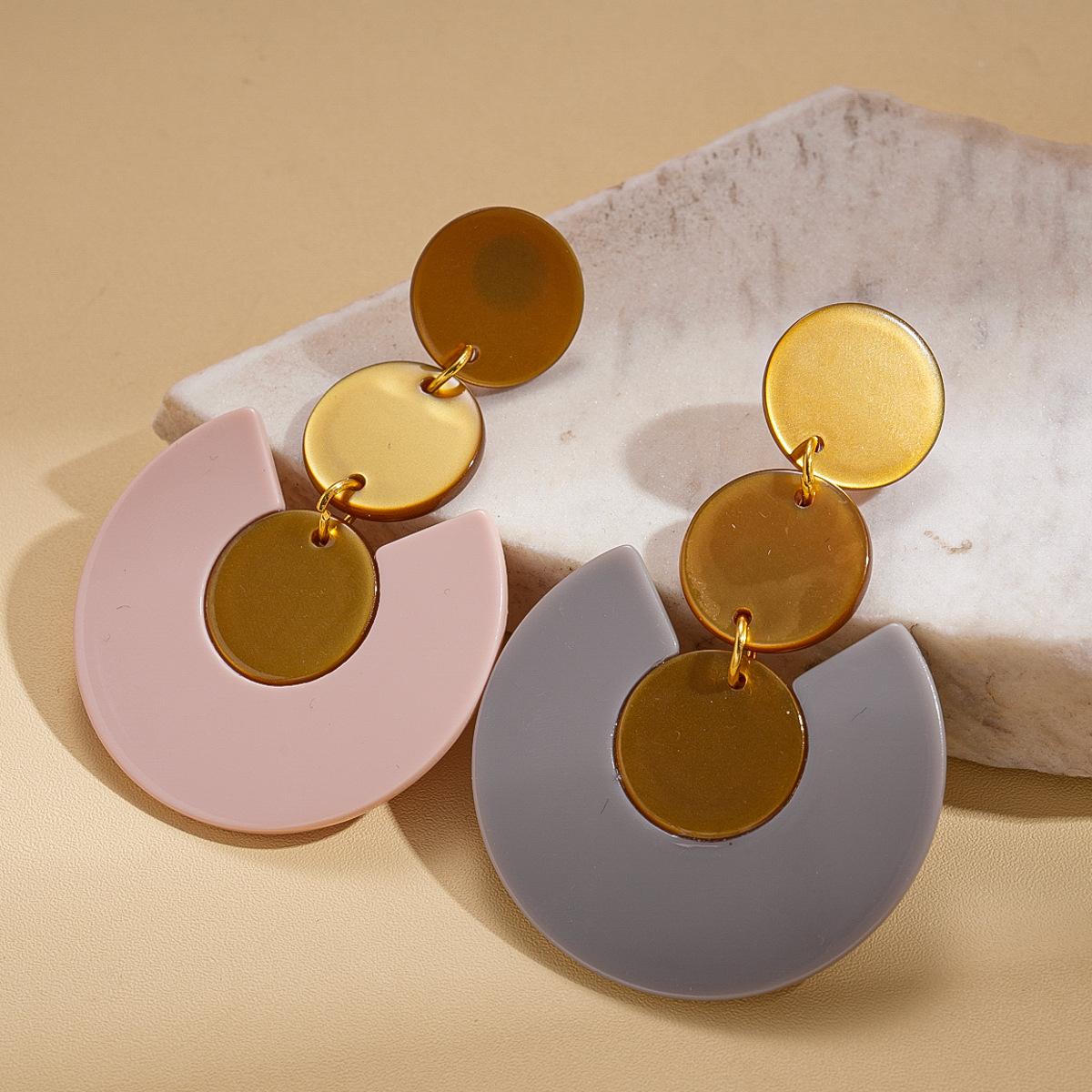 Contrast color acetate plate round silver needle earrings personalized geometric earrings