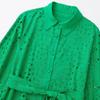 Women Vintage Three Quarter Sleeves Front Buttons Belt Green Embroidery Mini Dress