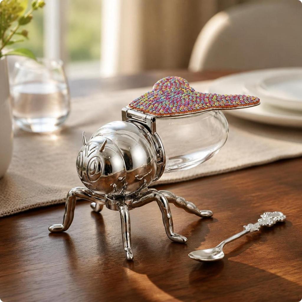 BeeShaped Condiment Jar RoseHandled Spoon Bee Shaped Honey Pot for Kitchen Jade Grn