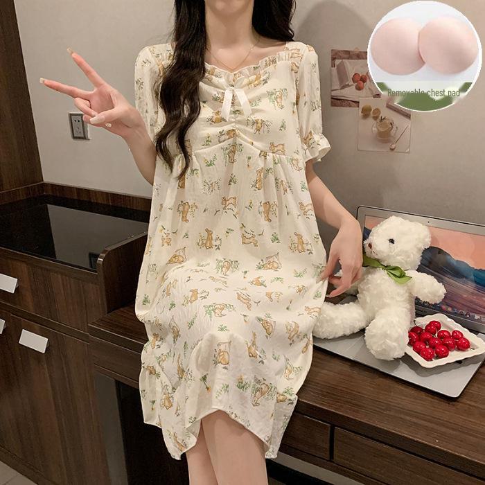 2024 Sommer-Kurzarm-Nachthemd mit Brustpolster – Niedlicher Wolken-Baumwoll-Cartoon-Prinzessinnen-Stil