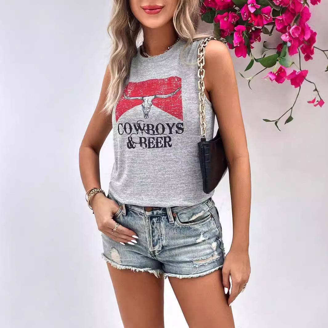 Cross-border European and American summer new European and American style printed sleeveless vest female slim and thin Spice girl style short top tide XS