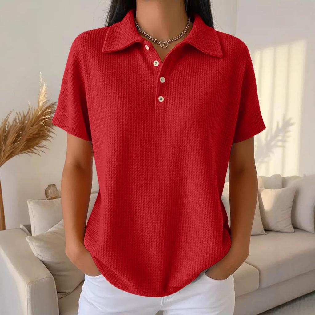 Spring Summer New Solid Color Waffle Loose Short Sleeve Fashion Polo Top Casual Tee for Women