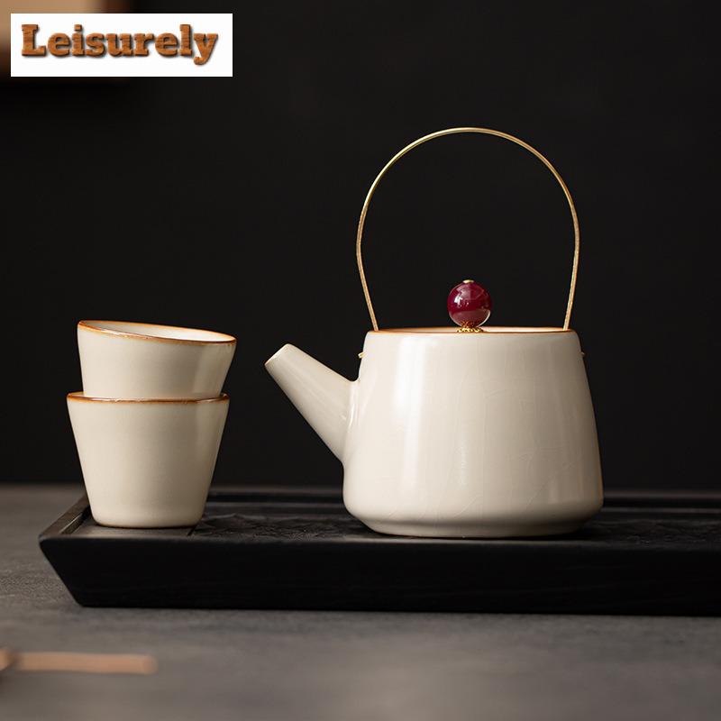 210ML Cream Ru Kiln Lifting Handle Teapot Aesthetic Tea Infuser Pot Tea Making Kettle With Filter Chinese Tea Set Ornaments Gift