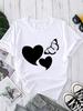 (Asian Size) Love Heart Butterfly Trend Short Sleeve T-shirts Women's Top Print O-neck  Fashion Female Casual T Clothing Graphic Tee