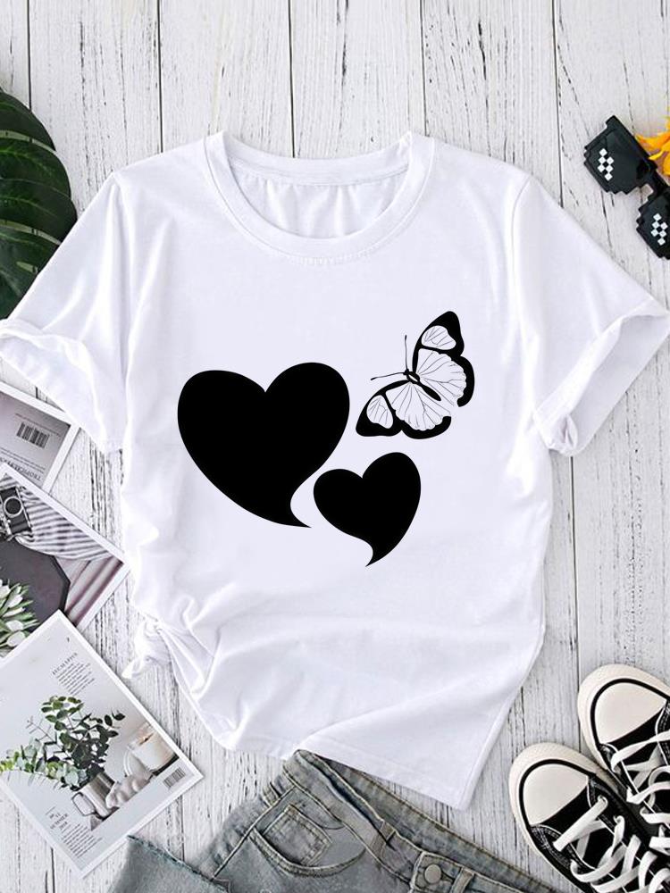 (Asian Size) Short Sleeve T-shirts Women's Top Print O-neck  Fashion leopard love heart Female Casual T Clothing Graphic Tee