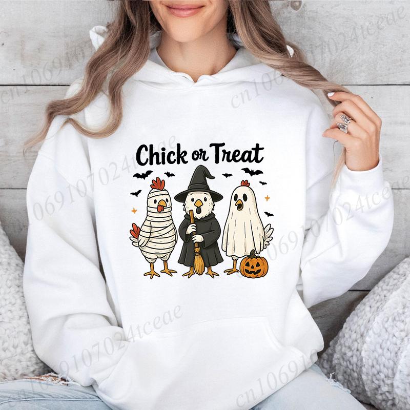 Halloween Chick or Treat Print Women  Hoodie Halloween Funny Chicken Graphic Hoodies Horror Spooky Season Sweatshirt Tops