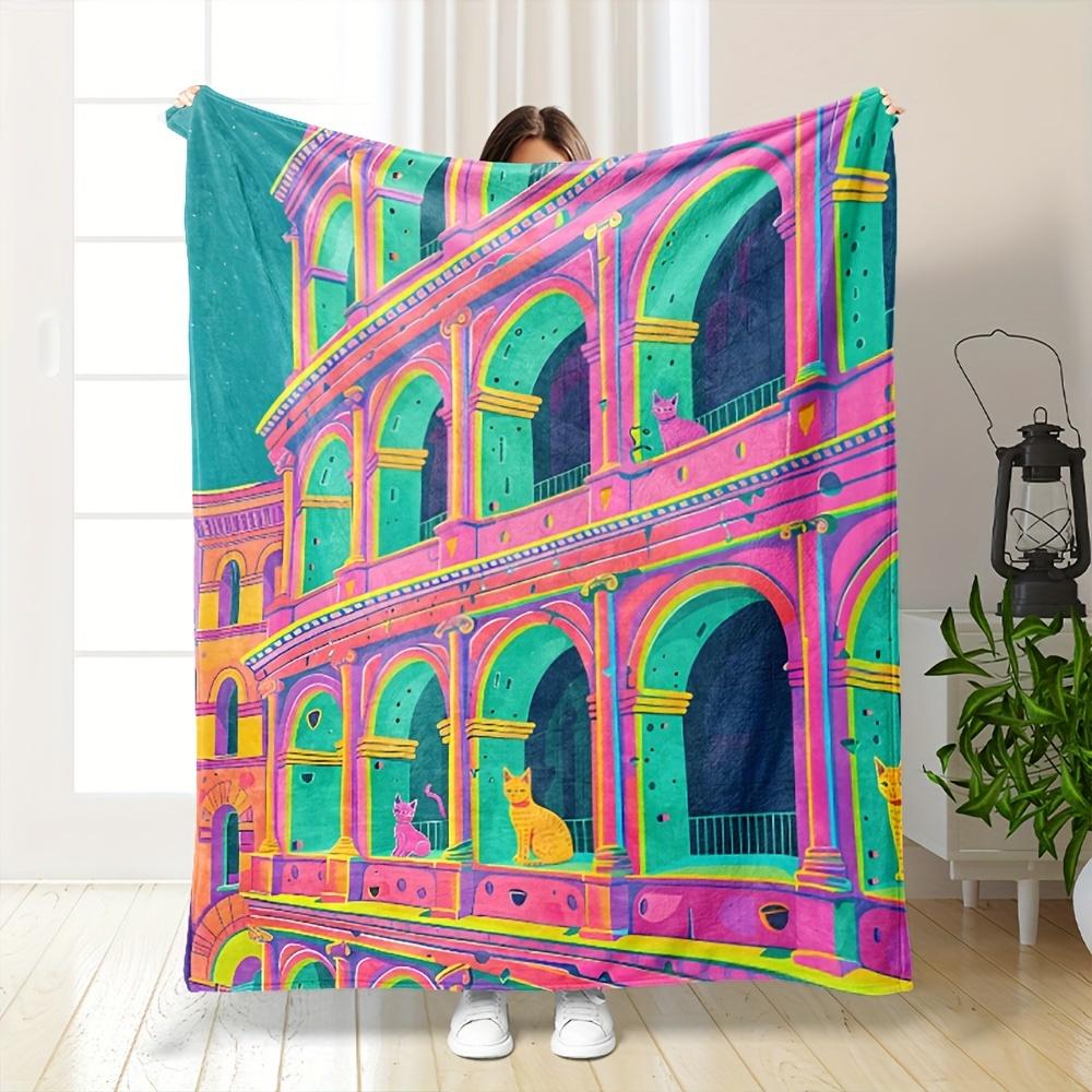 

1 шт. Фланелевое покрывало в стиле середины века с ярким принтом архитектуры и кошек - Мягкое, легкое, для всех сезонов, многоцелевое 30x40in