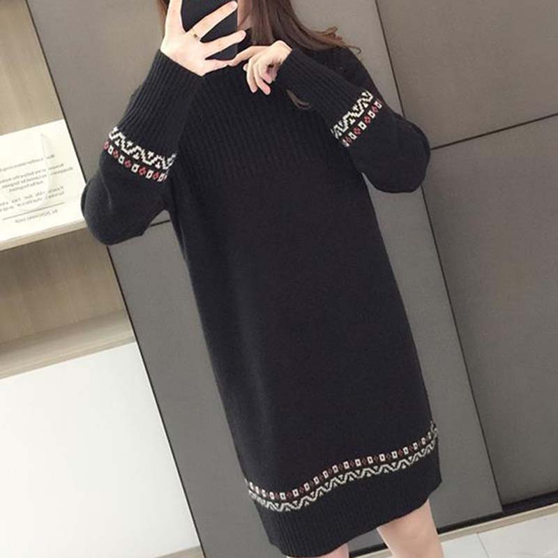 

Женский свитер Осень Зима Утепленный Теплый Вязаный Эластичный С Длинным Рукавом Оверсайз Вязаное Платье-свитер Топ XXXL чёрный