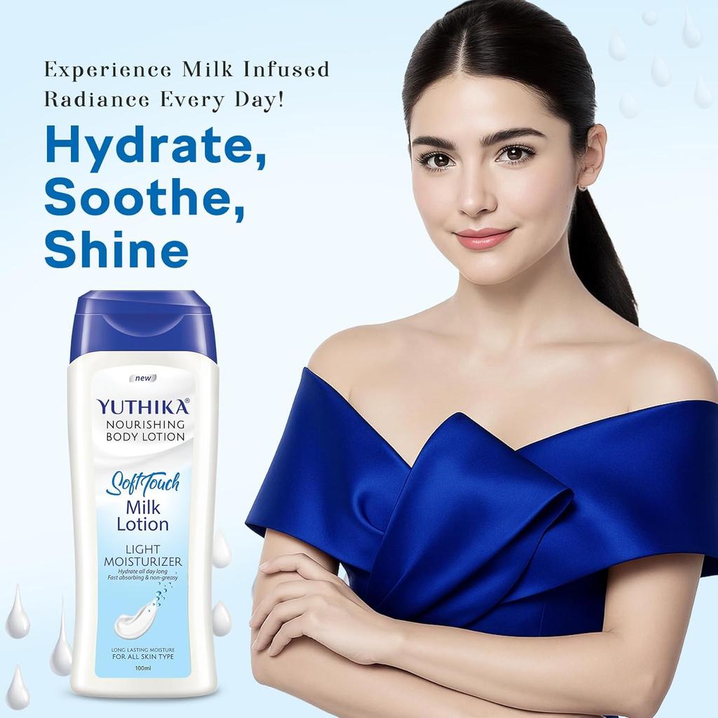 Yuthika Naturals Body Milk Soft Touch 100ml Lotion for Women & Men 72Hr Hydration Non Greasy Skin