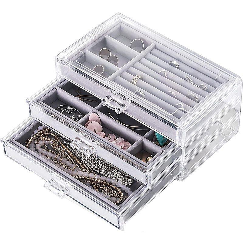 Transparent Jewelry Box Organizer Velvet Drawer Jewelry Boxes Storage Ring Necklace Bracelet Earrings Display Stand Accessories