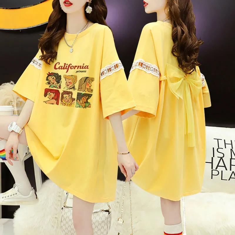 Women s Summer Bow-Tie Short-Sleeve Top: Mid-Length, Loose-Fit T-Shirt XS жёлтый