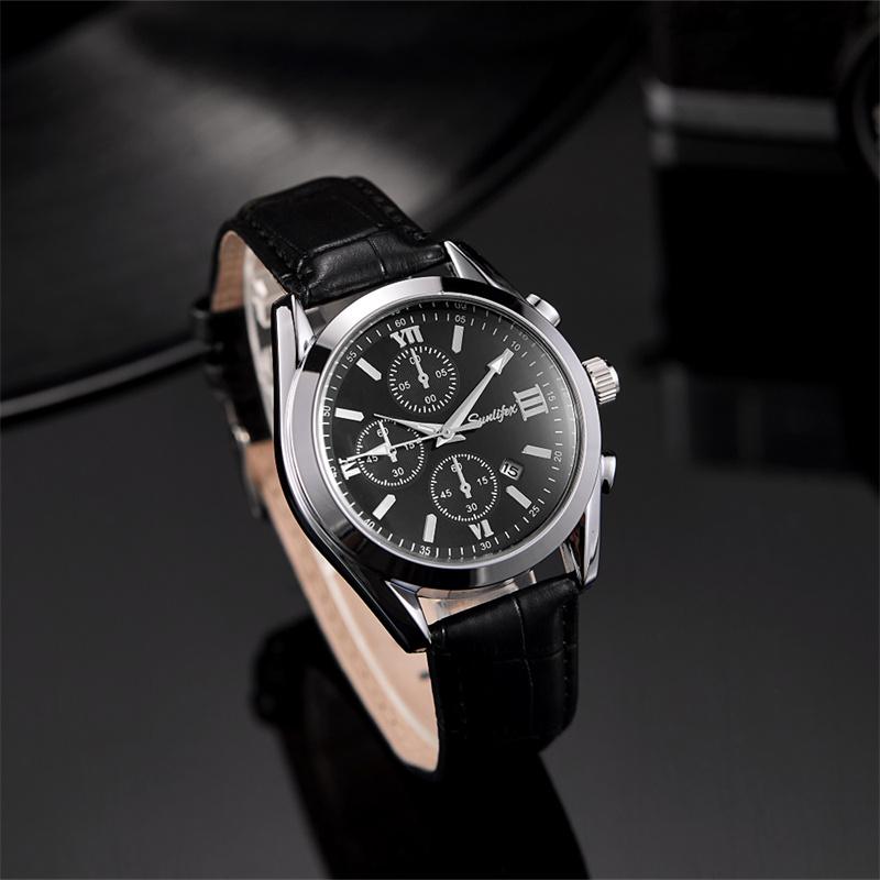 Fashionable personalized trendy circular dial with calendar night light waterproof men's quartz watch business leather strap