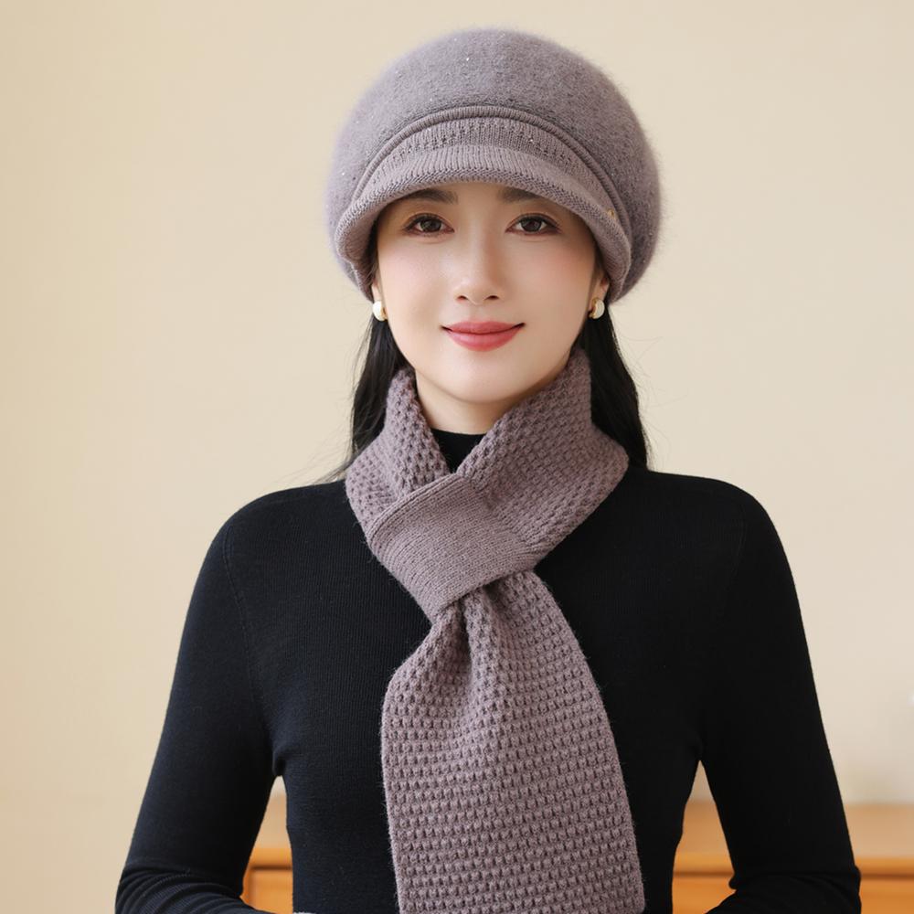 New Women Fashion Winter Warm Set K Letter Plush Fur Lined Warm Hats For Women Casual Rabbit Fur Blend Outdoor Dandy Knitted Cap