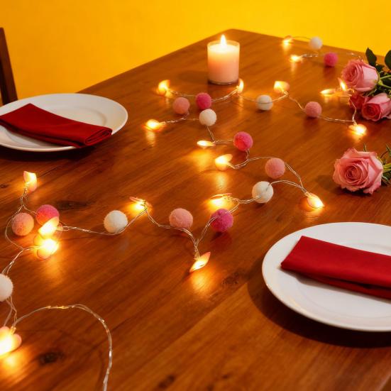 LED Pom Poms Fairy String Lights with 20 Pink Heart LEDs Battery Operated Romantic Garland Lights Valentine's Day Wedding