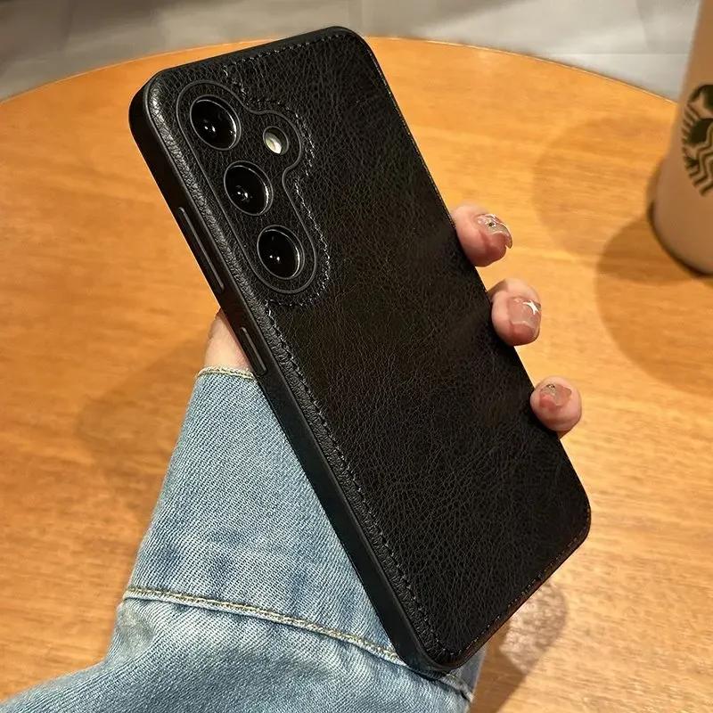 High-end Cowhide Leather Phone Case for Samsung Galaxy S26 Ultra S25 S24 S23 S22 A57 Camera Lens Protection Luxury Soft Cover