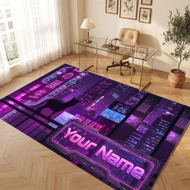 Cat Theme Crystal Velvet Floor Rug Personalized Custom Name Text Warm Carpet Home Decoration