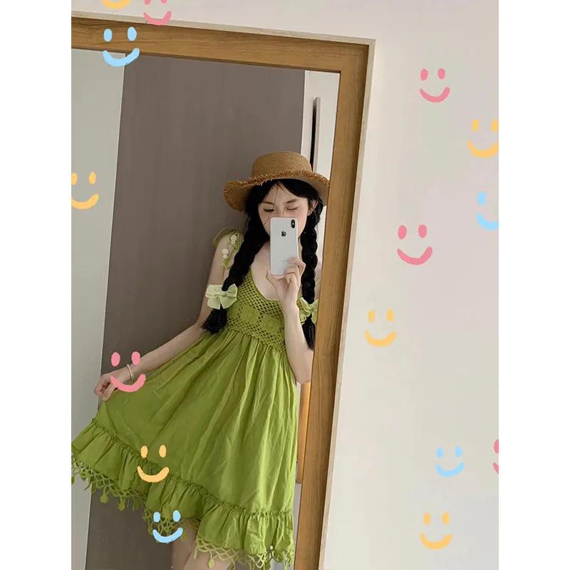 Bohemian Green Tassel Two-Piece Sleeveless Spaghetti Strap Summer Babydoll Mini Dress for Women