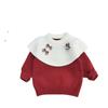 Girl's Red Rabbit Bow Ruffle Knit Sweater - Round Neck, Autumn/Winter Collection