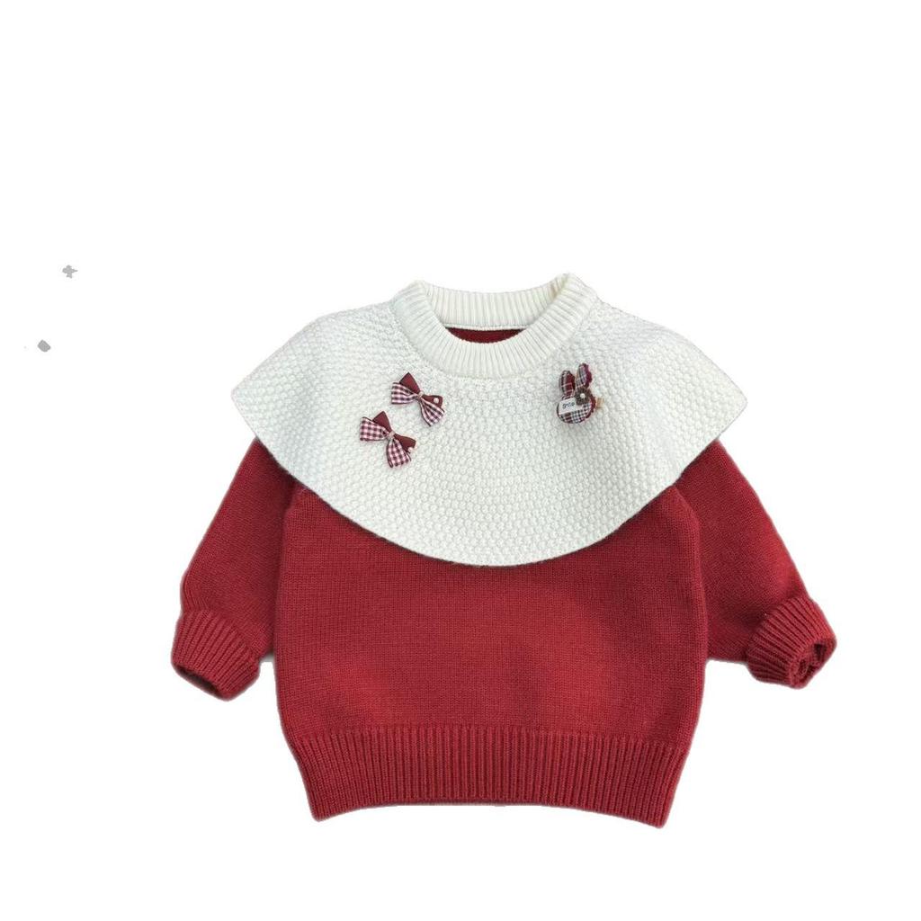 Girl's Red Rabbit Bow Ruffle Knit Sweater - Round Neck, Autumn/Winter Collection