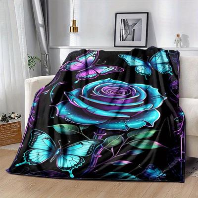 1pc Rose Butterfly Printing Lightweight Flannel Blanket, Comfortable and Warm Blanket, for Camping Sofa Bed and Couch Office, Gift