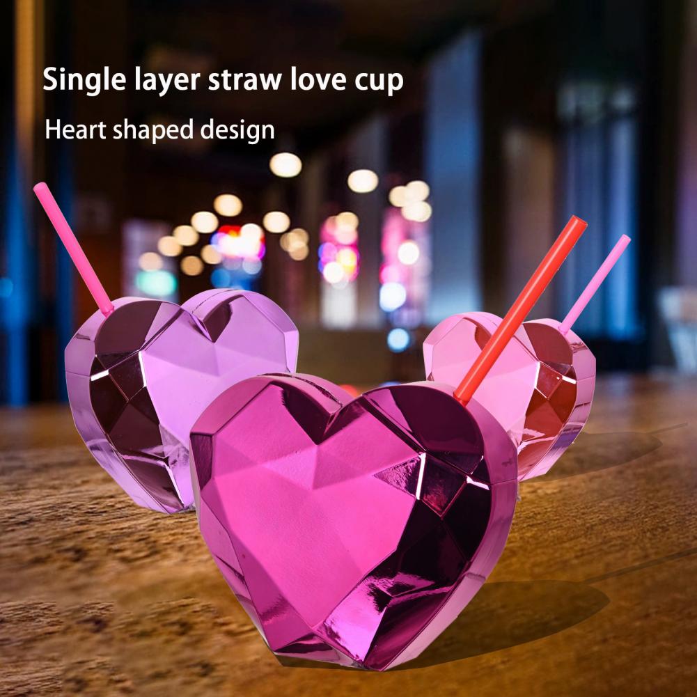 600ml Heart Shape Straw Cup Electroplating Love Heart Flash Cocktail Cup Flashlight Straw Wine Glass Drinking Cup Birthday Gift