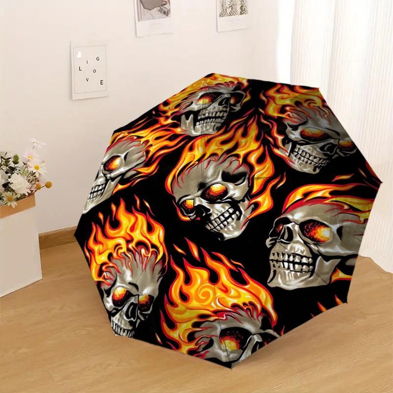 1pc Skulls Fire Pattern Umbrella Design Automatic Opening and Closing Umbrella, High-quality Travel Umbrella, Lightweight and Portable,