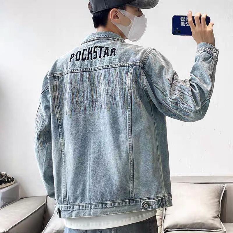 Men's American Retro Embroidered Washed Denim Jacket - Trendy, Loose Fit, Casual Spring/Autumn Outerwear