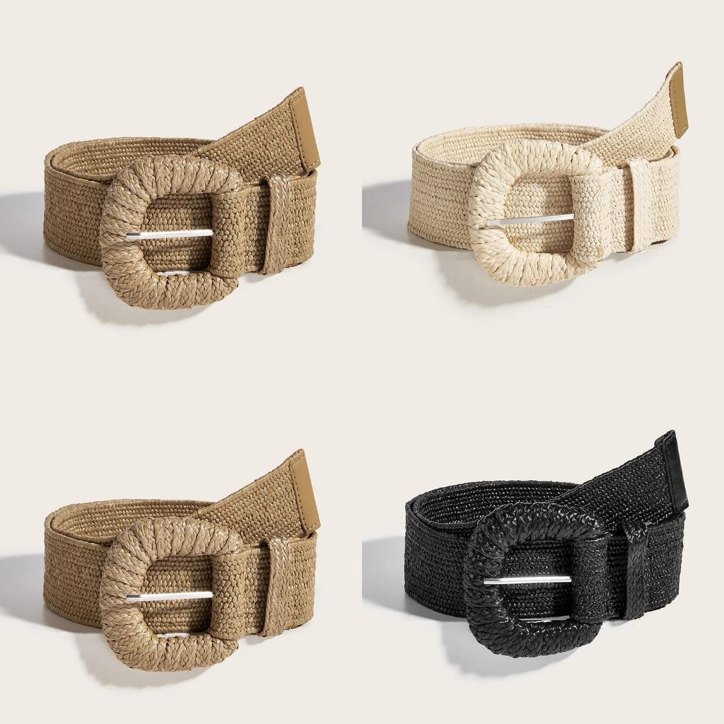 Vintage Cotton Linen Pp Grass Braid Belt With Round Buckle For Casual Dress Accessory