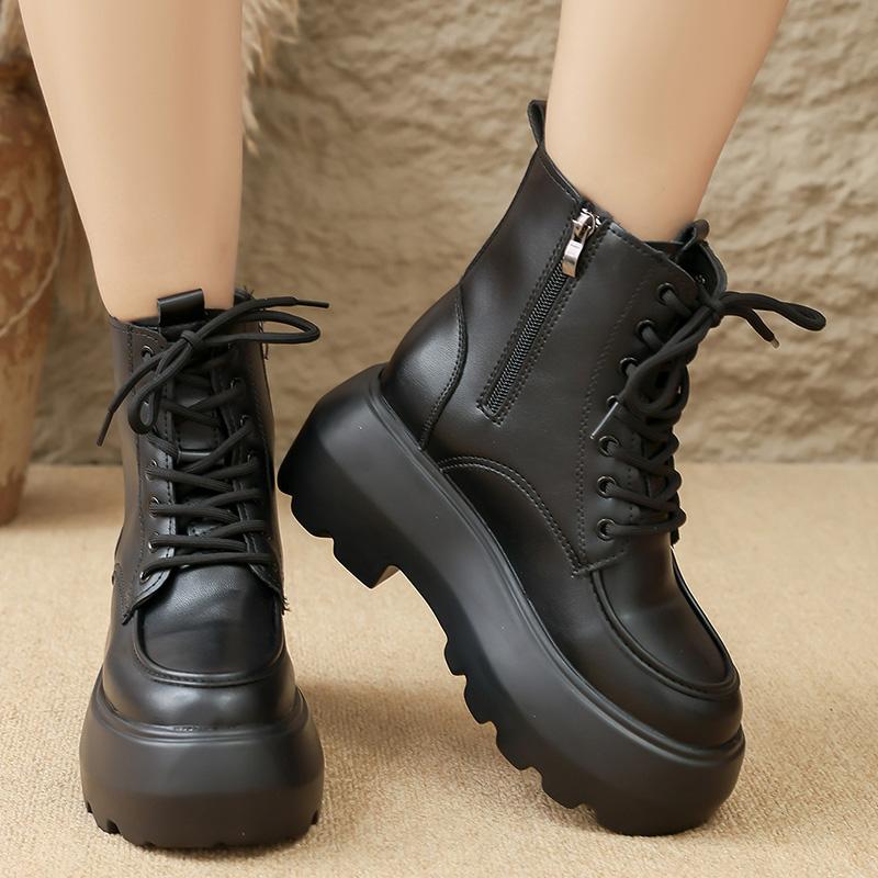 Women Autumn Winter Thick Sole Ankle Boots Fashion Black Chunky Platform Combat Boots Woman Non Slip Zip PU Leather Botas Mujer