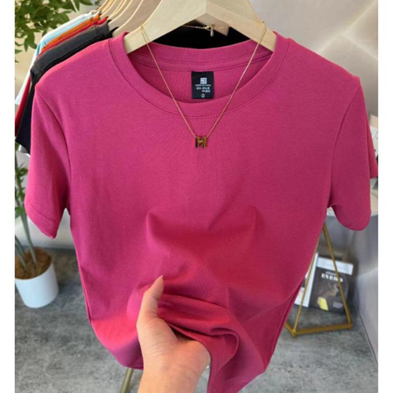 Women's White Cotton Short-Sleeve Ribbed T-shirt - Summer Round Neck, Breathable, Sweat-Absorbent, Slimming Fit