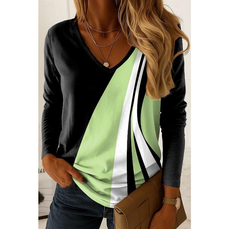 

Женская футболка Классическая Графическая Геометрическая Элегантная Модная Футболка с Длинным Рукавом V-образный вырез Обычные Топы Пуловер Осень Зима XL