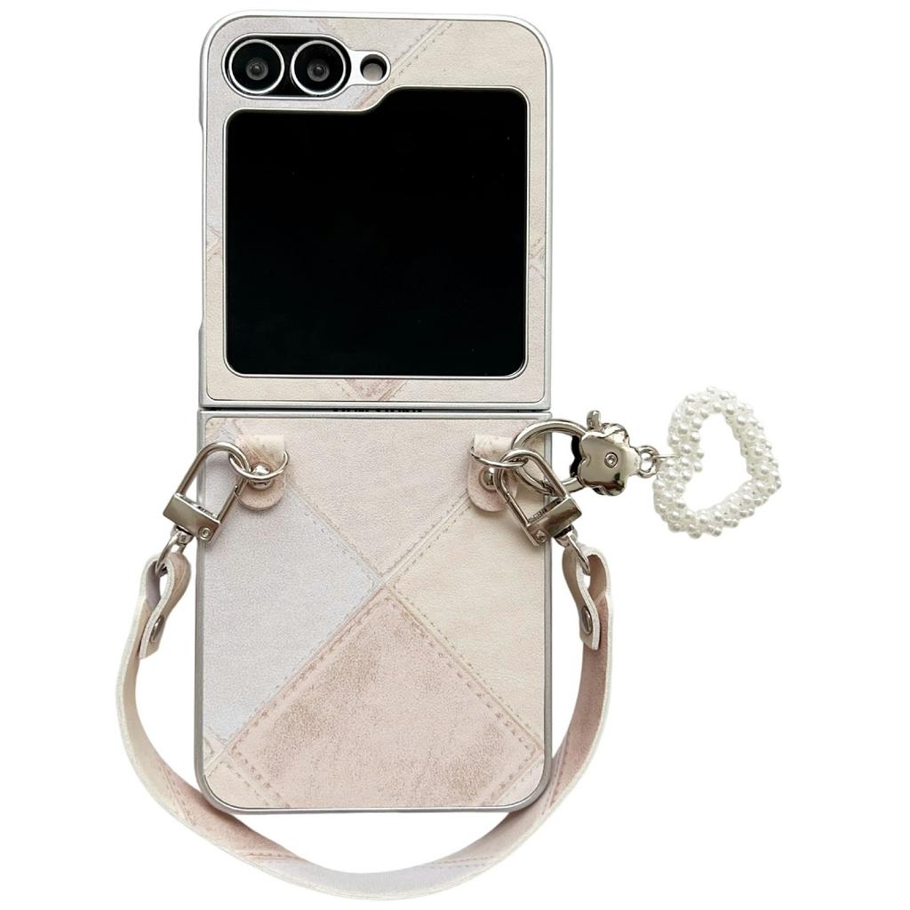 For Samsung Galaxy Z Flip5 5G Case Retro Rhombus PU+PC Phone Cover with Love Pendant and Strap
