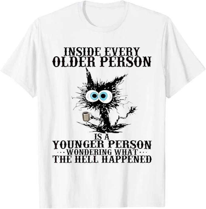 Retro Cat Inside Every Older Person is A Younger Person Meme T-Shirt L