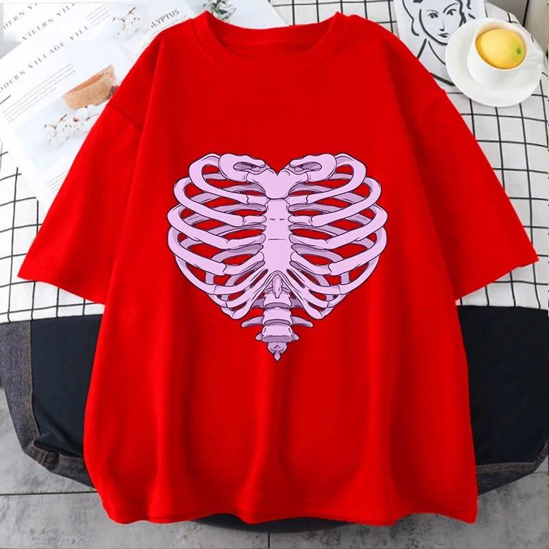 

Женская модная футболка в стиле панк Love Skeleton, летние футболки с короткими рукавами Harajuku Y2K, негабаритный топ, уличная винтажная рубашка XS красный