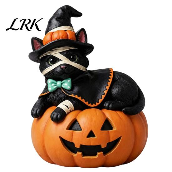 Cartoon Cat Figure Vintage Halloween Wooden Figurine, Rustic Witch Zombie Owl Frog Tabletop Festive Room Ornament Ornament, Farmhouse Tiered