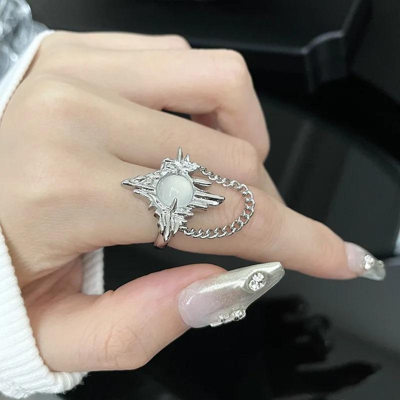 

New Gothic Fashion Irregular Tassel Moonstone Rings Y2K Lava Chain Star Opal Stone Ring Pearl Rings Set for Women Jewelry