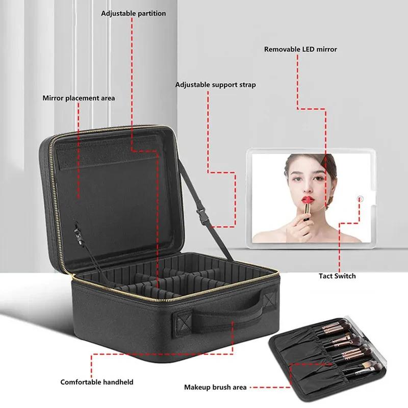 Portable LED Makeup Bag with Mirror Large Size Travel Cosmetic Case Multifunctional Beauty Organizer for Ladies