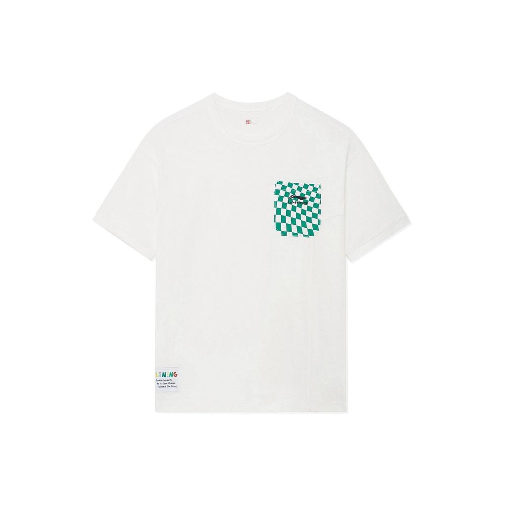 Li-Ning X Rooovie Artist Collaboration Checkerboard Pocket Print Loose Round Neck T-Shirt Unisex Tops Milk-White AHSSB57-1