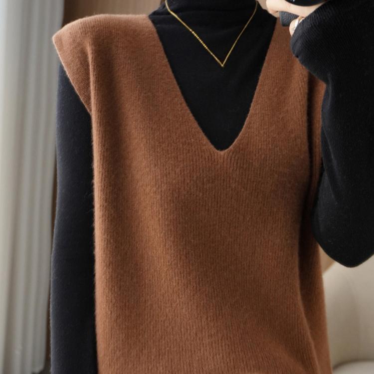 Knitted Vest Women's Shoulder V-neck Pullover Sleeveless Sweater Korean Loose Casual Outerwear Top for Spring and Autumn
