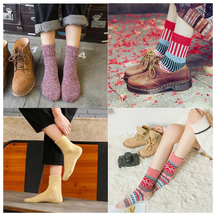 5 Pairs/Lot Wool Socks Women Winter Japanese Harajuku  Bohemian Cashmere Warm Colorful Socks Ladies Girl Christmas Gift 5 Styles