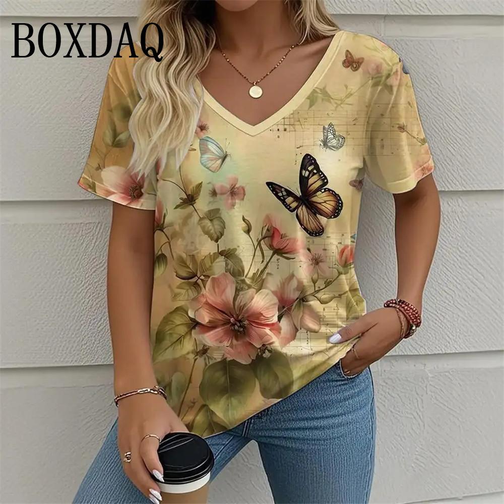Plant Flower 3D Printed Women's T-shirt Retro V-neck Short Sleeved