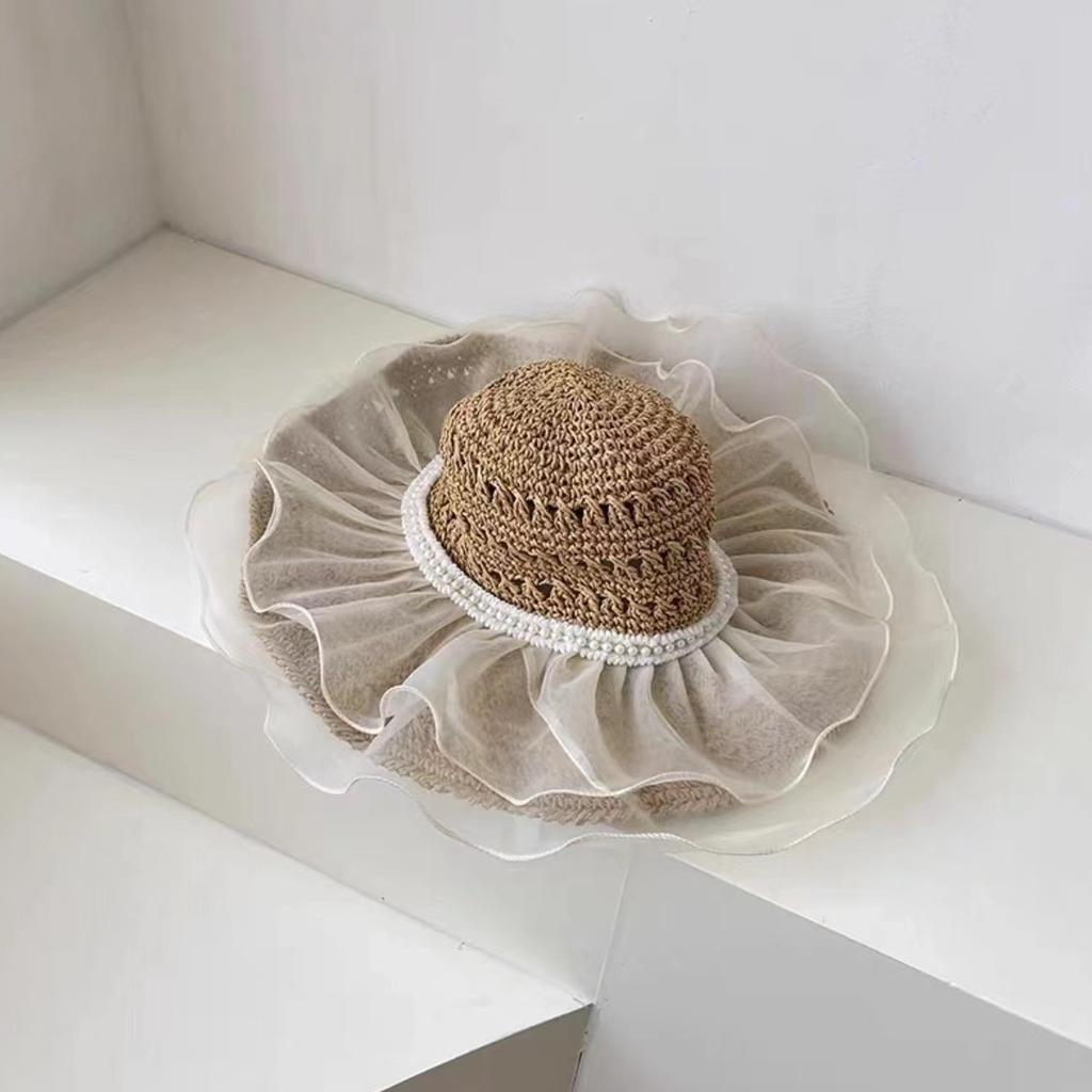 Hand-woven Hollow Pearl Lace Big Brim Straw Hat Children Spring and Summer Sun Protection Sunshade Vacation Beach UV Protection
