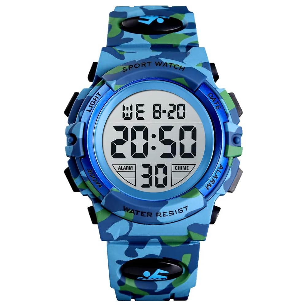 Kids Digital Sports Watch for Boys, 50m Waterproof, Dual Time, LED Display