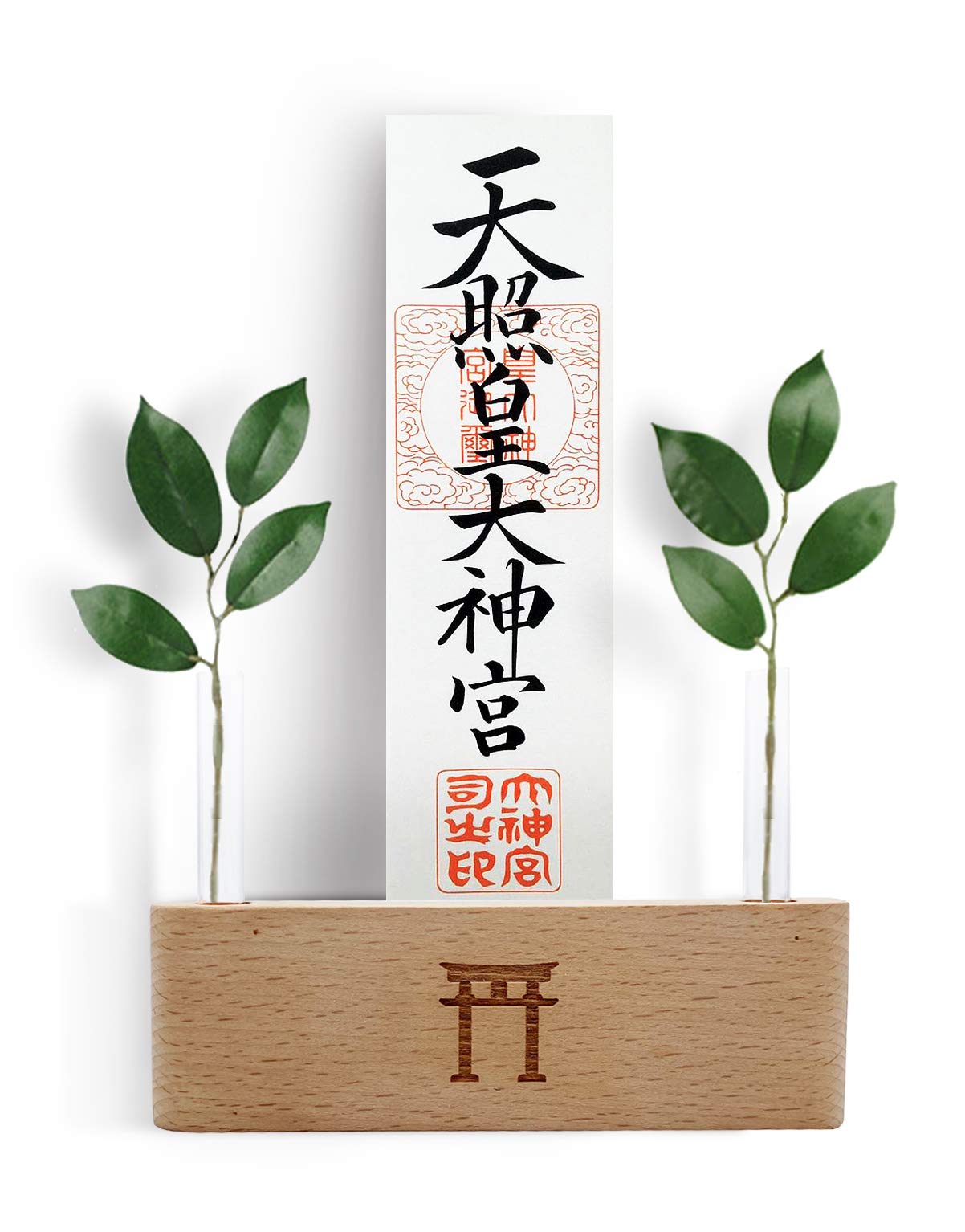 

Wall-mounted Shinto altar, modern, simple, with sacred talismans, torii carvings, and a shelf (wall-mounted, modern Shinto altar/talisman display)